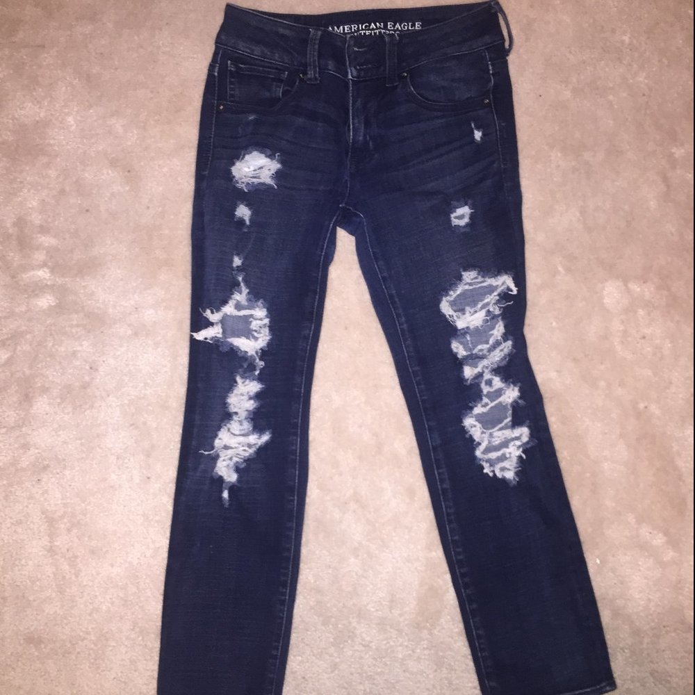 American Eagle Dark Blue Ripped Jeans 360° super stretch standard fit